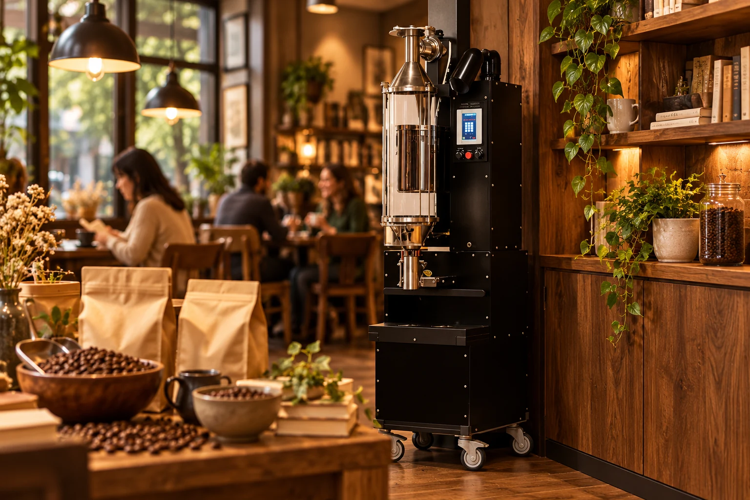 Black Java Master roaster beside a cafe counter and bookshelves