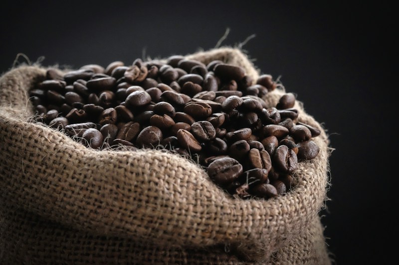 Roasted coffee beans in a burlap sack