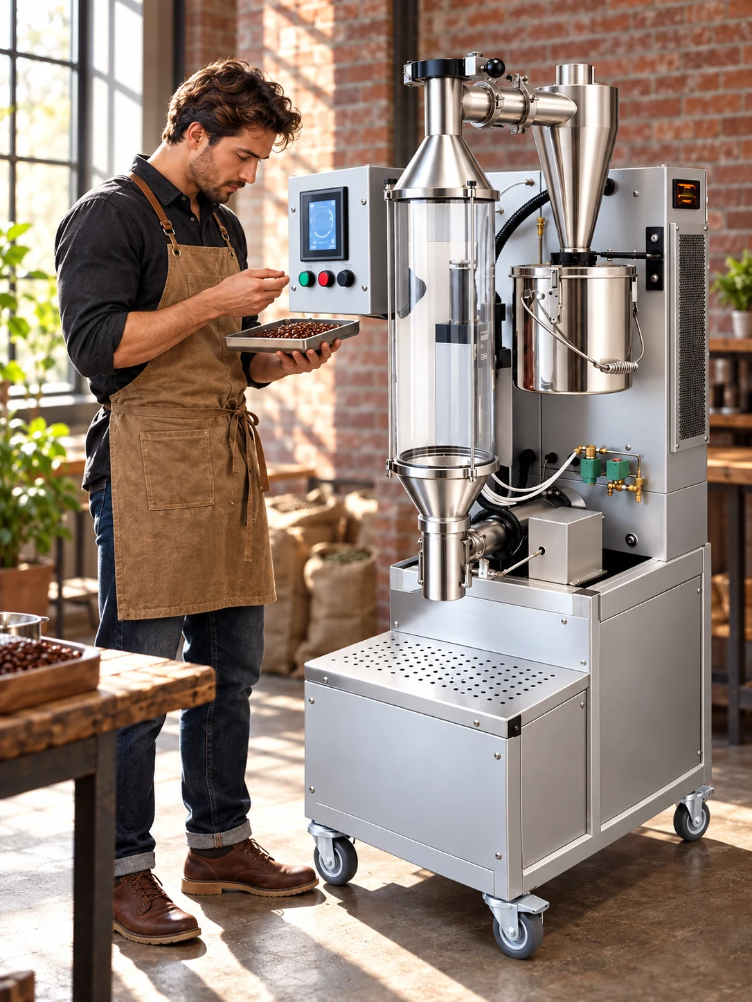 Coffee professional inspecting roasted beans beside a stainless Profect 4.0 air roaster