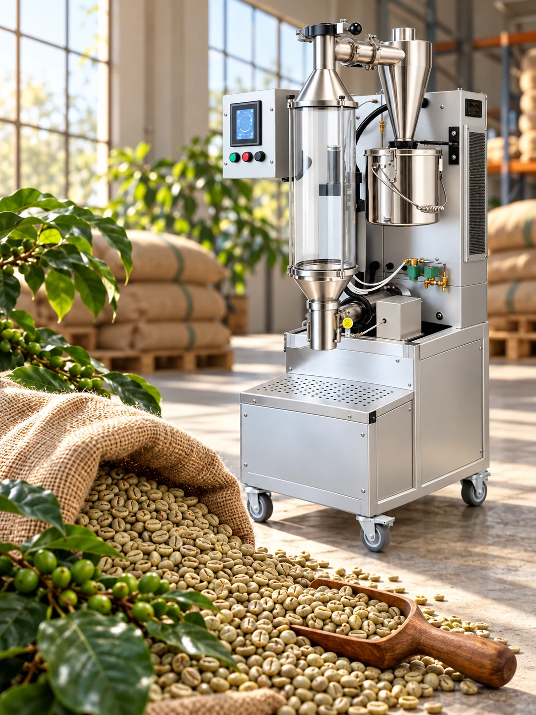 Stainless Profect 4.0 commercial air roaster with green coffee beans