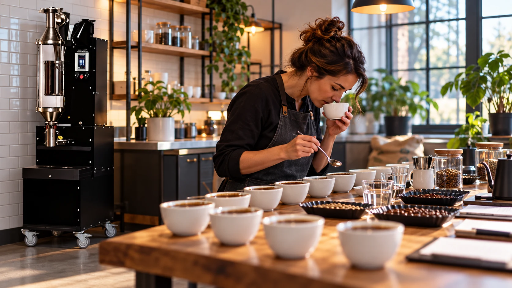 Coffee professional cupping fresh roasts beside a black Java Master air roaster