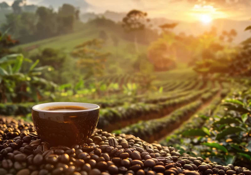Coffee cup and roasted beans overlooking a hillside farm