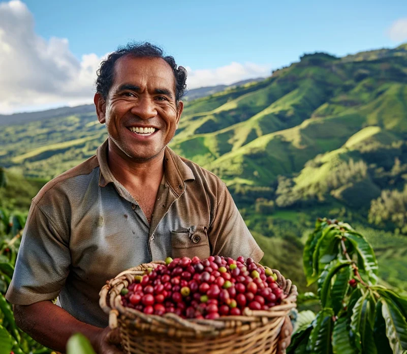 Person holding a basket of coffee cherries on a hillside farm